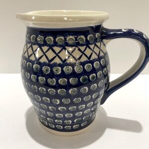 Polish Boleslawiec Pottery Pitcher Lattice Peacock Pattern Navy Blue & Green